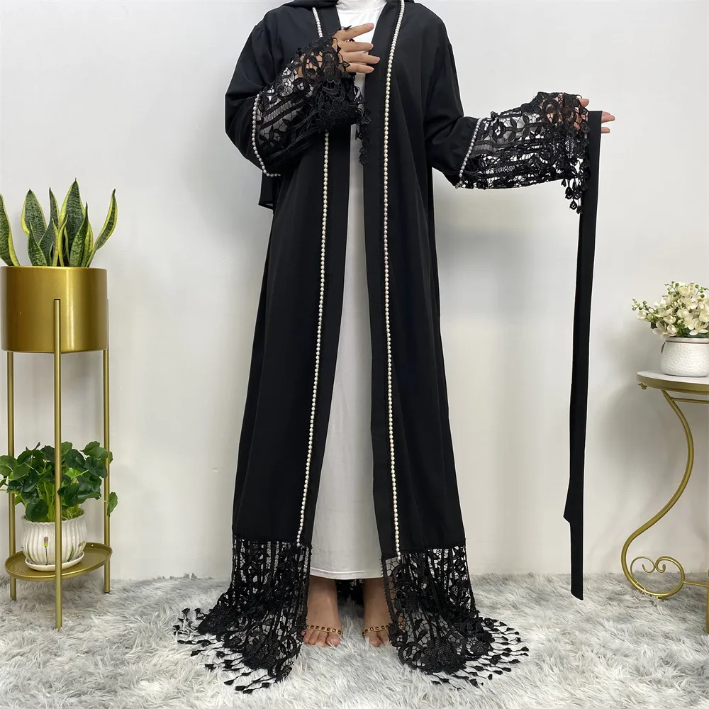 Dubai Open Abaya Women Muslim Maxi Dress Eid Ramadan Jalabiya Lace Tassel Kimono Cardigan Islamic Clothing Robe Turkey Kaftan