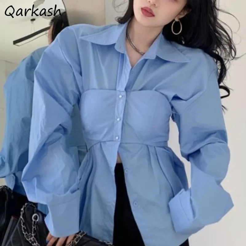 Fake 2 Pcs Shirts Women Solid Design New Fashion High Street Unique Single Breasted Elegant Ladies Clothing Spring All-match