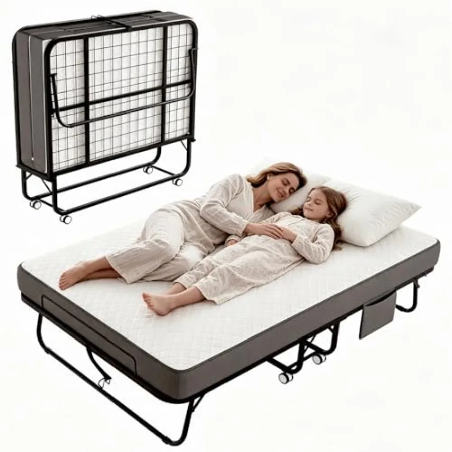 

Folding Bed for Guest Room Use, Metal Frame with Memory Foam Mattress, Gray, Portable and Space-Saving with Side Storage Pocket