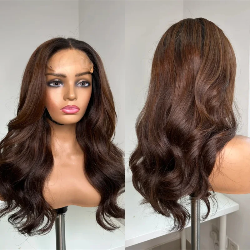 

Female Wig 13x4 Ombre Chocolate Brown Highlights Synthetic Lace Front Wig Bend Human Hair Preplucked Hairline with Baby Hair
