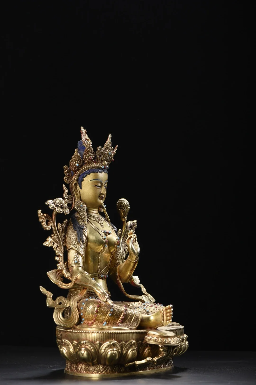 

13"Old Xizang Folk Collection Old Bronze Cinnabar Gilded True Gold Mosaic Gem White Tara Sitting Buddha Worship Hall Town house