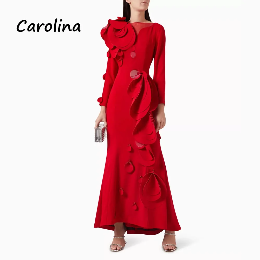 

Carolina Red O-Neck Appliques Mermaid Evening Dress Saudi Arabia 2024 Slim Crepe Long Sleeve Ankle-Length Prom Dress