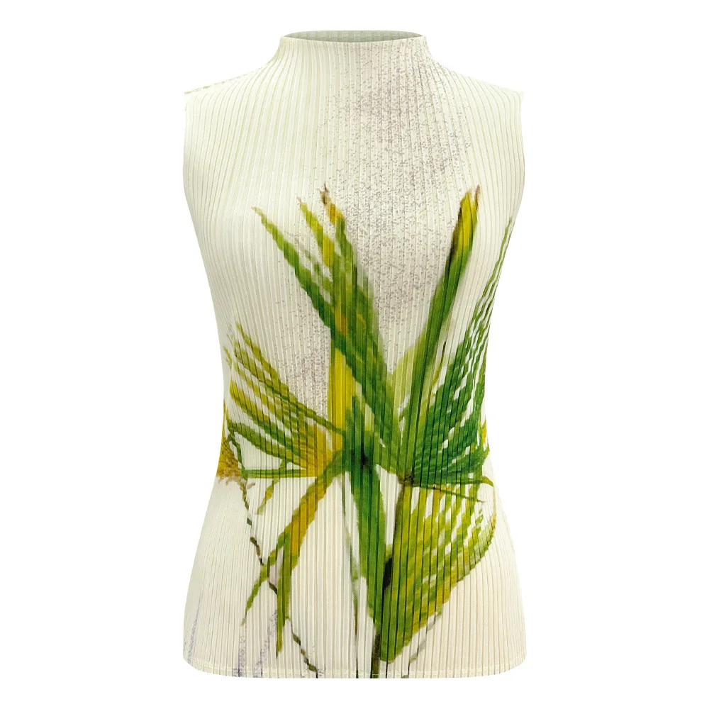 Miyake Women White Green Leaf Print Pleated Top Mock Neck Sleeveless Casual Slim Fit Blouse