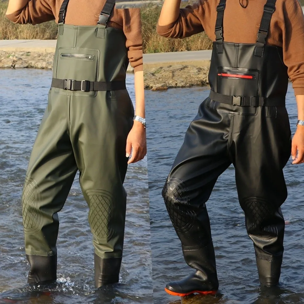 Useful PVC Fishing Suit Double Knee Pads Thicken Design Overalls with Boots Waterproof Wader Pants Hunting Farming view 4
