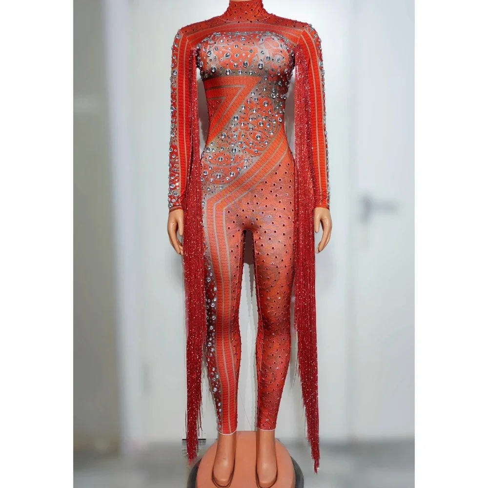 Combinaison à Franges Rouges avec Strass pour Femme, Costume de brevSexy, Tenue de Scène, Soirée, Anniversaire