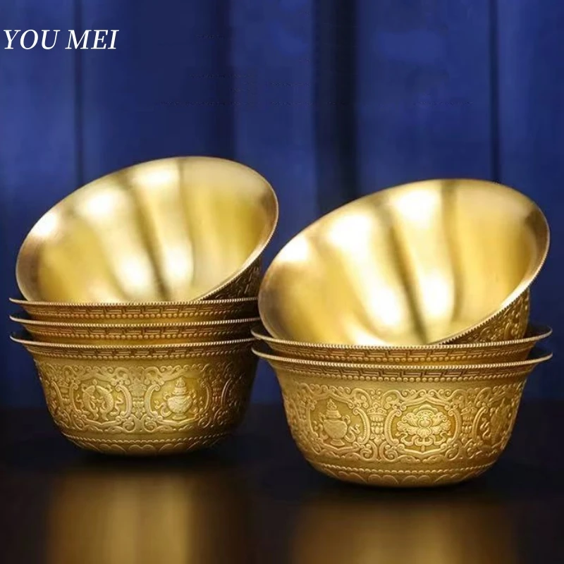 Buddhism Hall Altars Bowl,Engraving Eight Auspicious Brass Bowl,Tibetan Golden Holy Cup Buddhist Religious Item Decorative