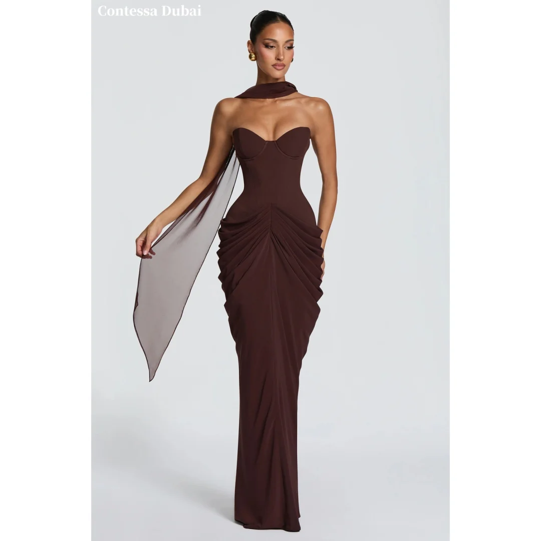 Contessa Custom Brown Sweetheart Neck Prom Dresses Halter Neck Shawl Multilayer Pleats Vestidos De Noche Mermaid Formal Evening