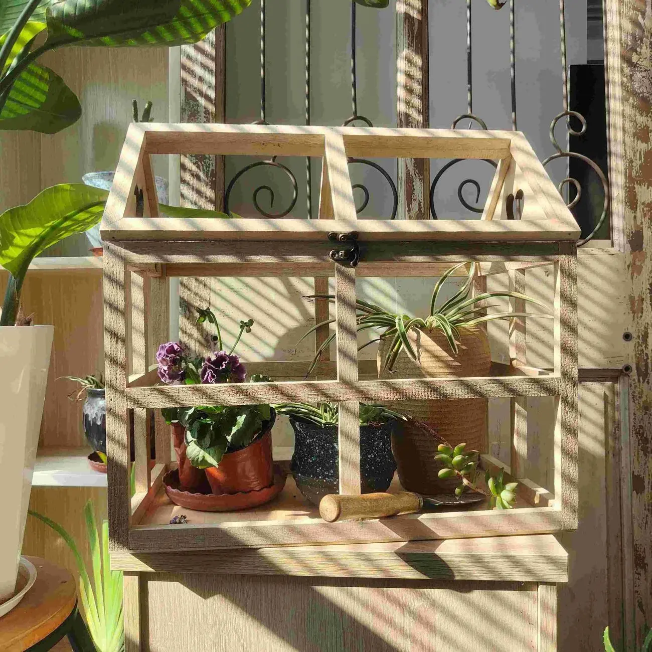 Balcony Garden Tabletop Greenhouse Ornament - Wooden Unfinished Plant Box, Dollhouse Compatible Wood Flower House