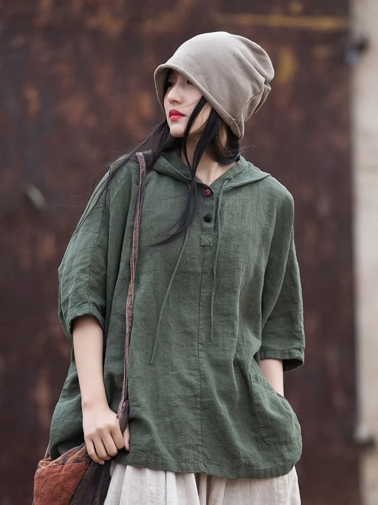 

Весенне-летняя винтажная толстовка с капюшоном и половиной рукава, женская свободная новая футболка большого размера с капюшоном, топ