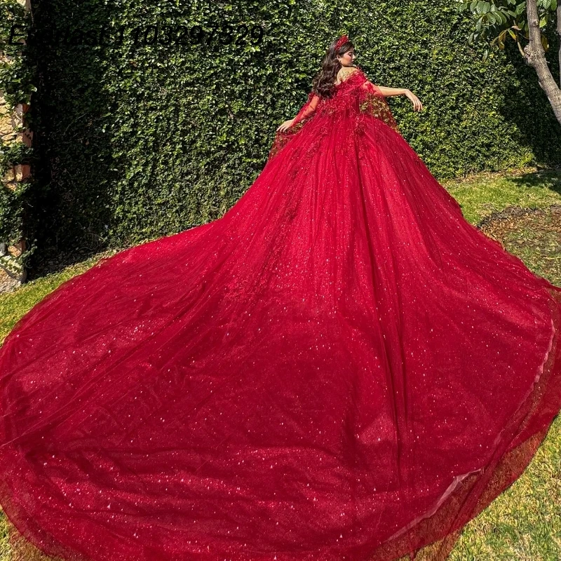 EVLAST-Robe de Bal Rouge en Dentelle Brillante avec Appliques Perlées, Corset Cape, TQD862, 16