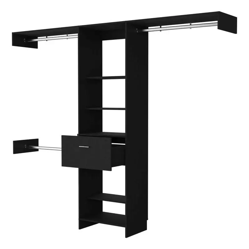 Cross Closet System with 1 Drawer, 3 Metal Rods & 5 Open Shelves for Organized Storage