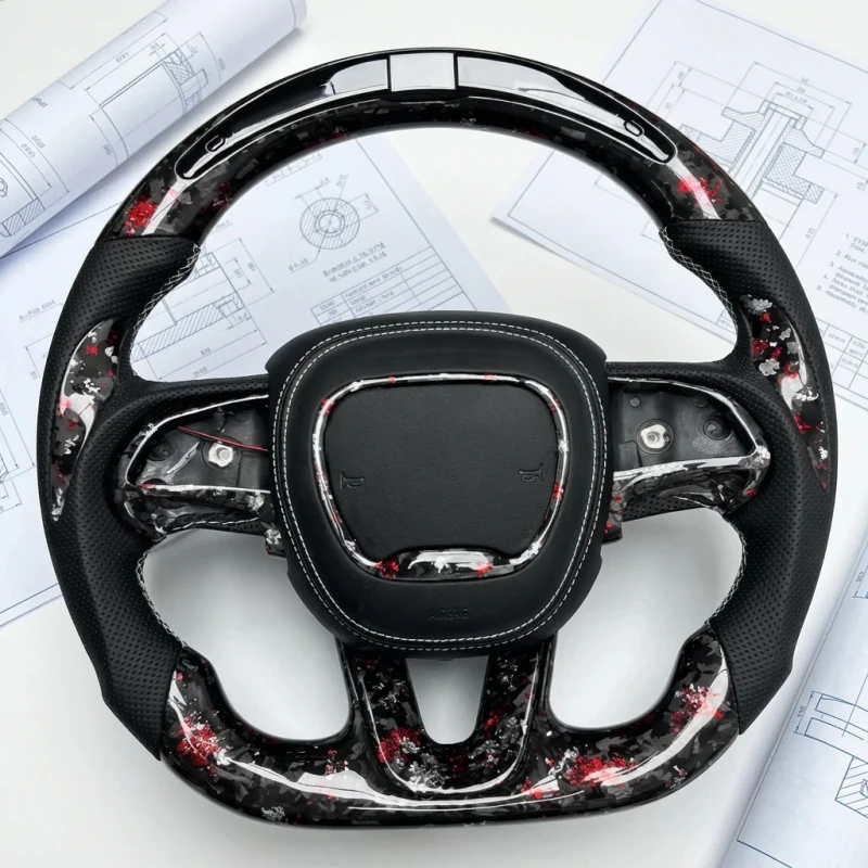 

Personalized Forged Carbon Fiber Sports Steering Wheel with 3 Spokes and Red PU Leather Trim for SRT Hellcat Redeye