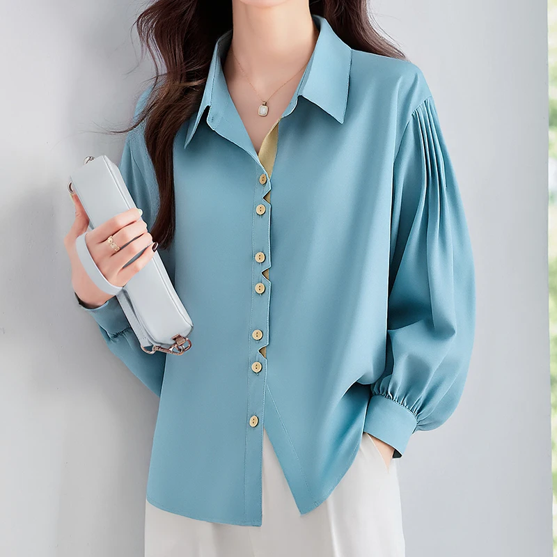 Camicie in chiffon alla moda Colore azzurro Patchwork Colletto rovesciato Manica lunga Elegante camicetta da donna da ufficio con maniche a lanterna