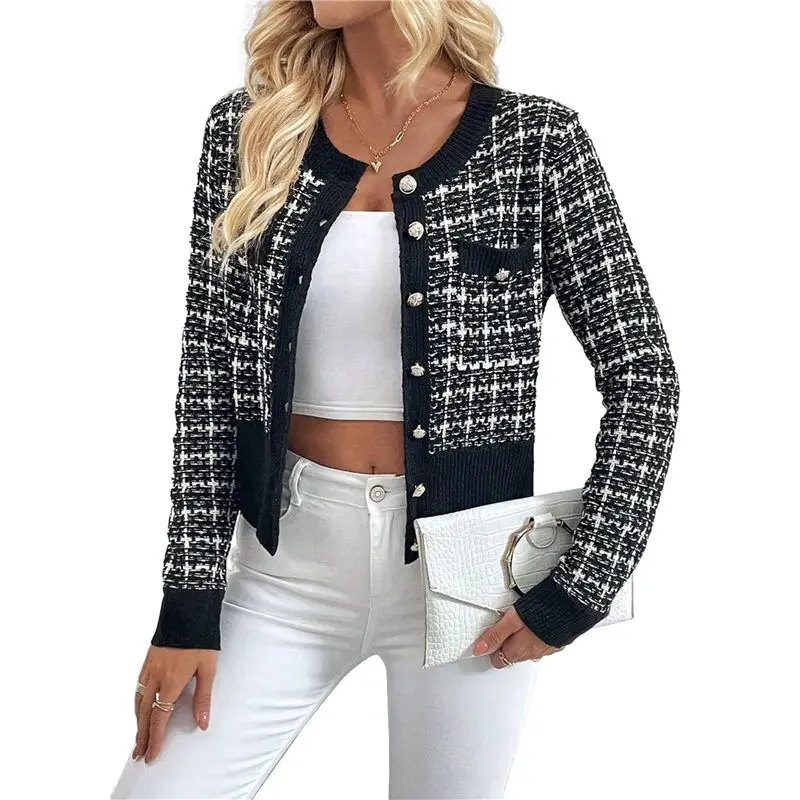 

A24F-Womens Tweed- Plaid Blazer Dressy Casual Button Front Cardigan Crew Neck Long Sleeve Texture Knit Jackets