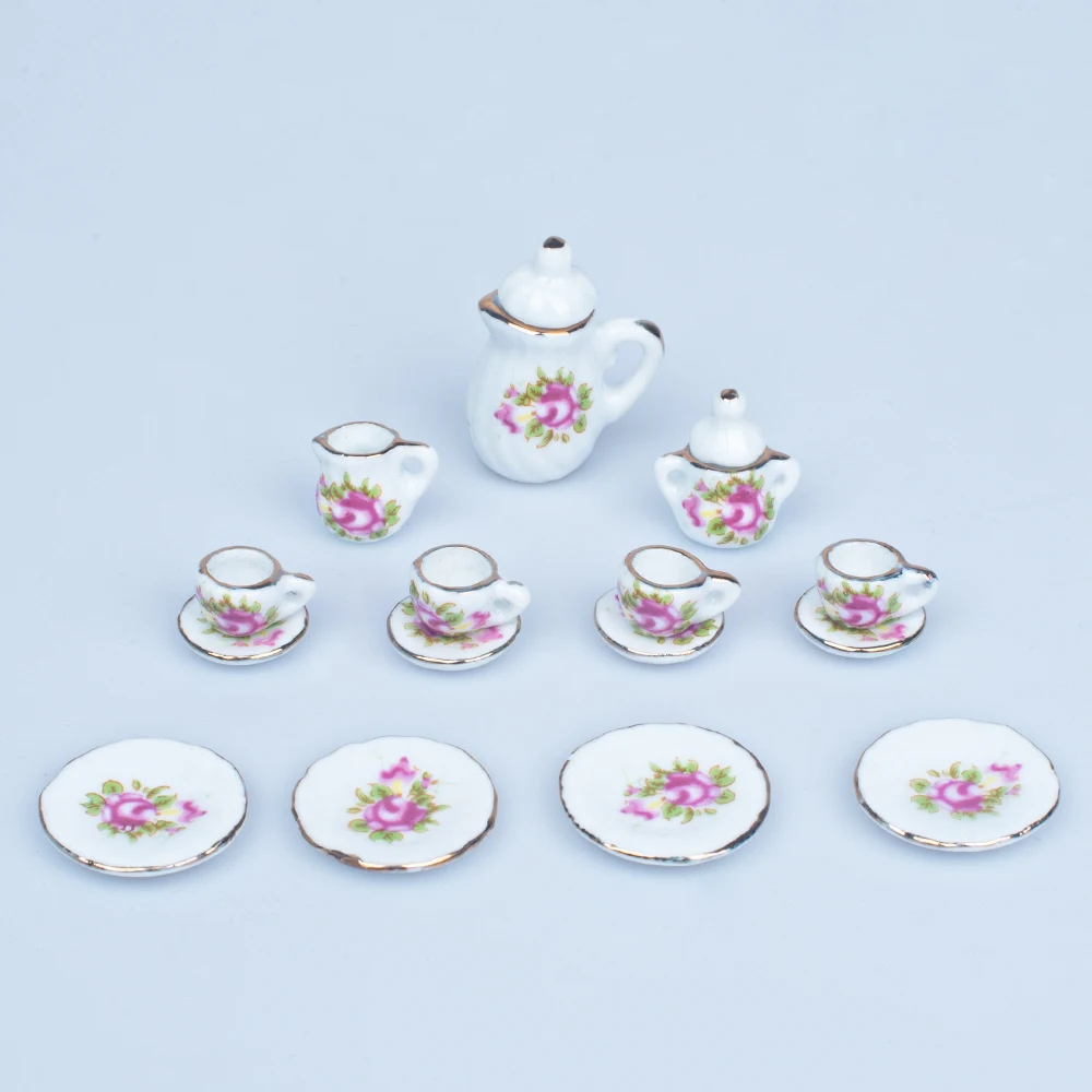 Ensemble de mini tasses à thé en porcelaine, assiettes à motif de fleurs chics miniatures, articles de salle à manger, accessoires de maison de courses, 1/6, 1/12