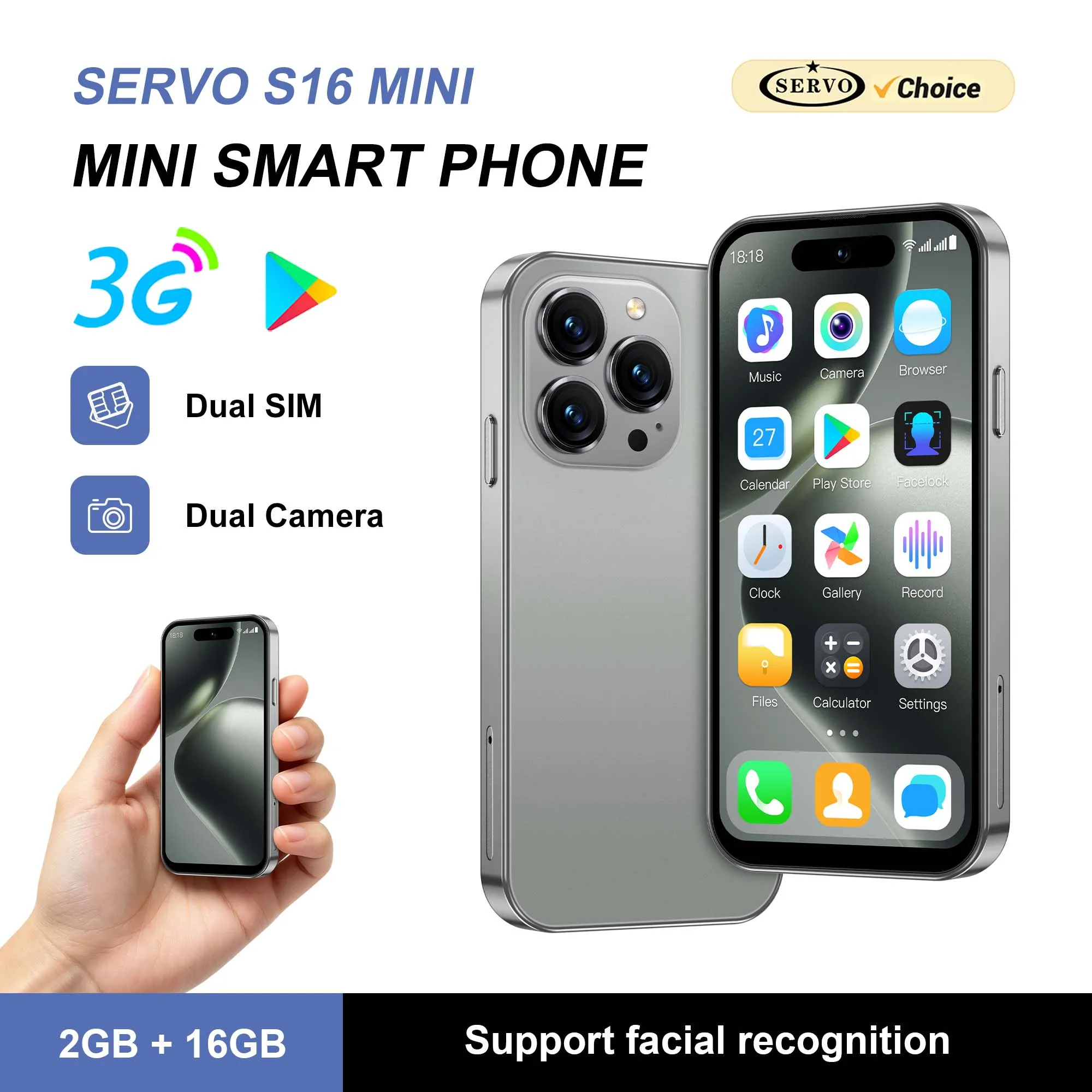 SERVO S16 Mini Cute Mobile Phone Android 3G WCDMA Dual SIM Face Unlock GPS WiFi Hotspot Bluetooth Play Store Feature Smartphone