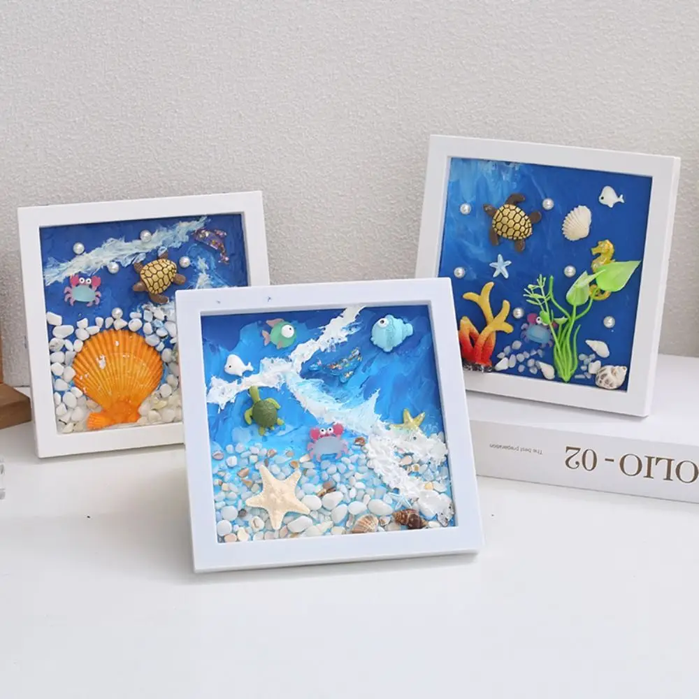 Marco de fotos DIY Multicolor, Material de madera de dibujos animados, pintura de paisaje oceánico 3D, diseño 3D, foto hecha a mano, marco de madera, proyectos artesanales