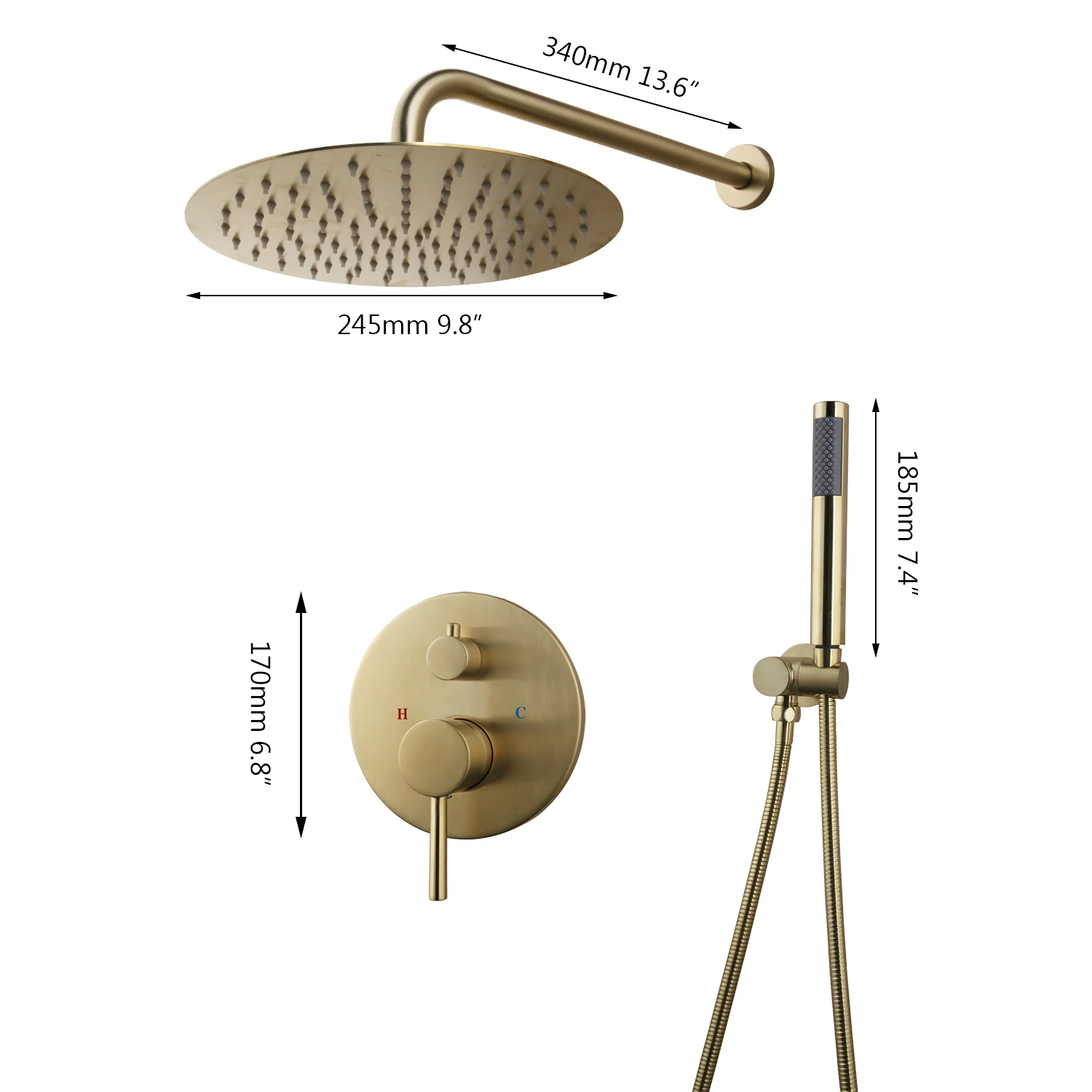 ZAPPO Brush Gold Shower Faucet Set  10 Inch Round Shower Head Wall Mounted Rainfall Shower Set Hand Shower Mixer Faucet Kits