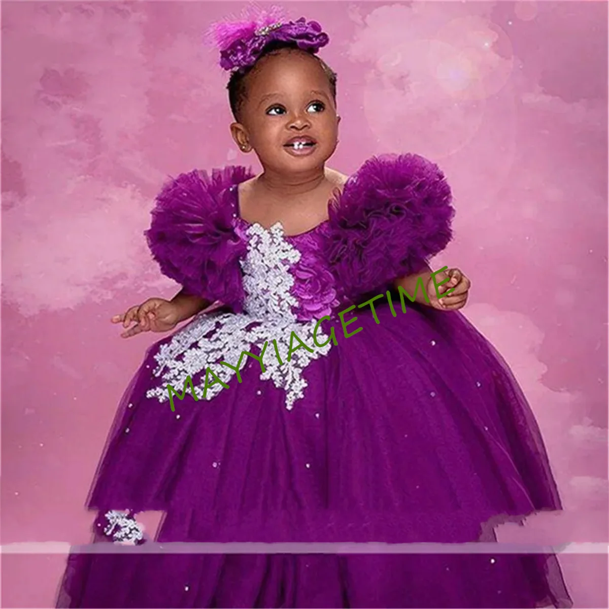 PurpleTulle Girl Dress Knee Length Princess Dres Flower Girl Dresses Cute Baby Girl Dress Girl Birthday Party Dresses