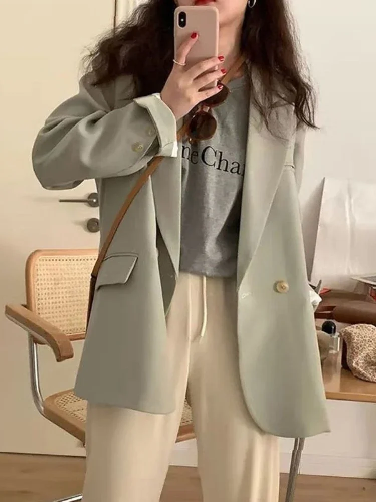 

2024, весенне-осенний женский зеленый двубортный пиджак, свободный корейский стиль, повседневный утягивающий элегантный интернет-знаменитый топ