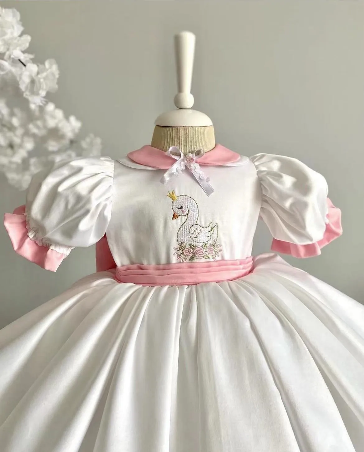 0-12Y Baby Girl Summer White Swan Embroidery Turkish Vintage Princess Dress for Birthday Holiday Easter Photography Eid  B214