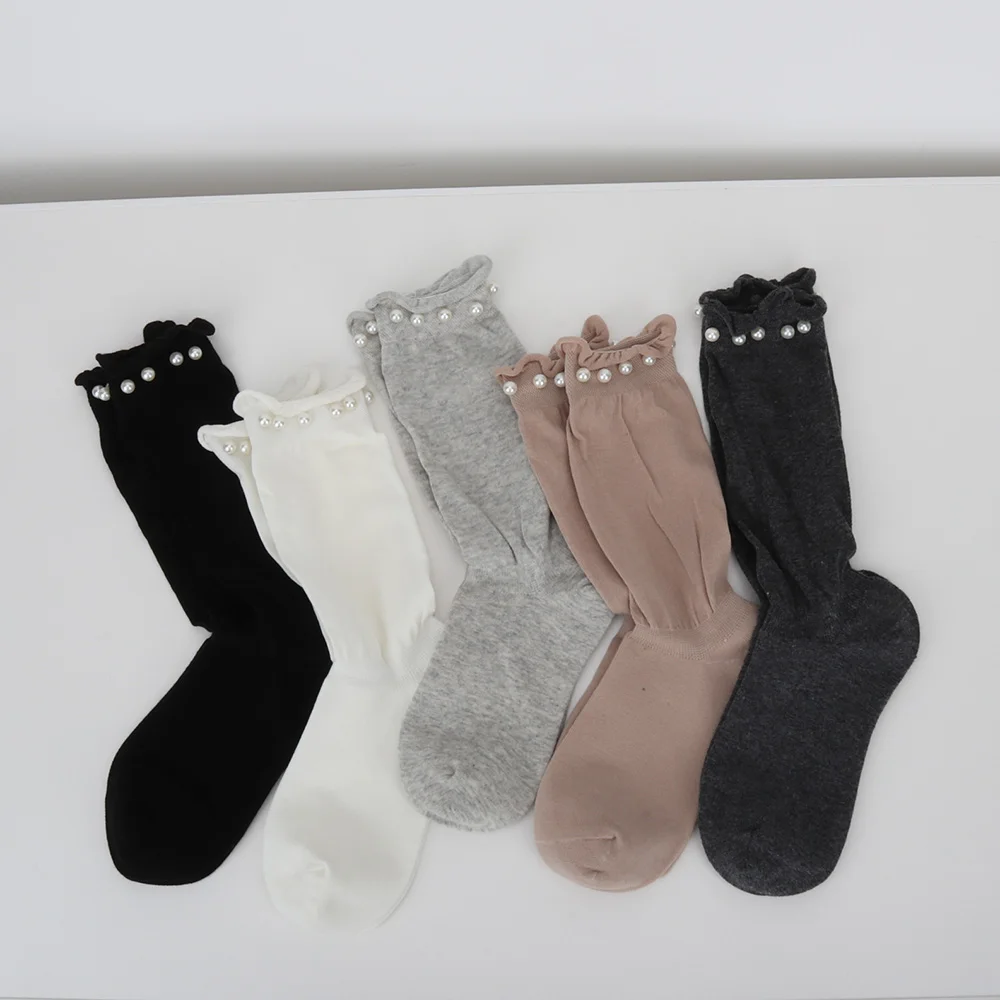 INS Women Girls Thin Long Socks Combed Cotton Soft Breathable Loose Pearl Socks Solid Black White Beige Harajuku High Tube Socks