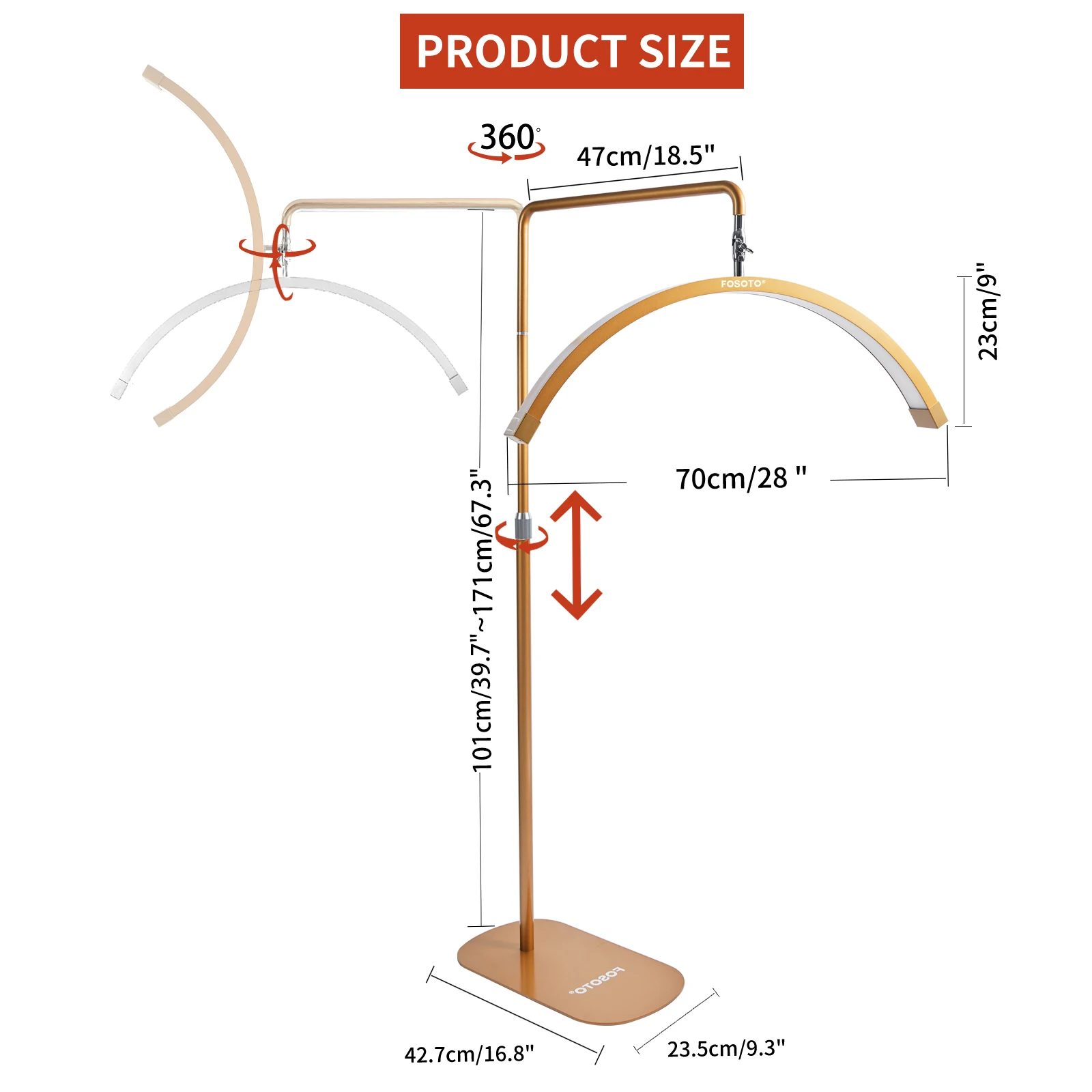 Fosoto 28 polegadas Fotografia Cosméticos Lâmpada de chão meia lua com bandeja e clipe de telefone para cílios extensões de cílios luz