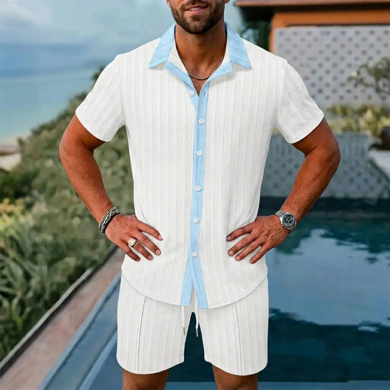 Men's Set, High-Quality Silk Plaid Short-Sleeved Shirt Shorts, Men's Two-Piece Set, Korean Luxury Casual Plus Size Clothing