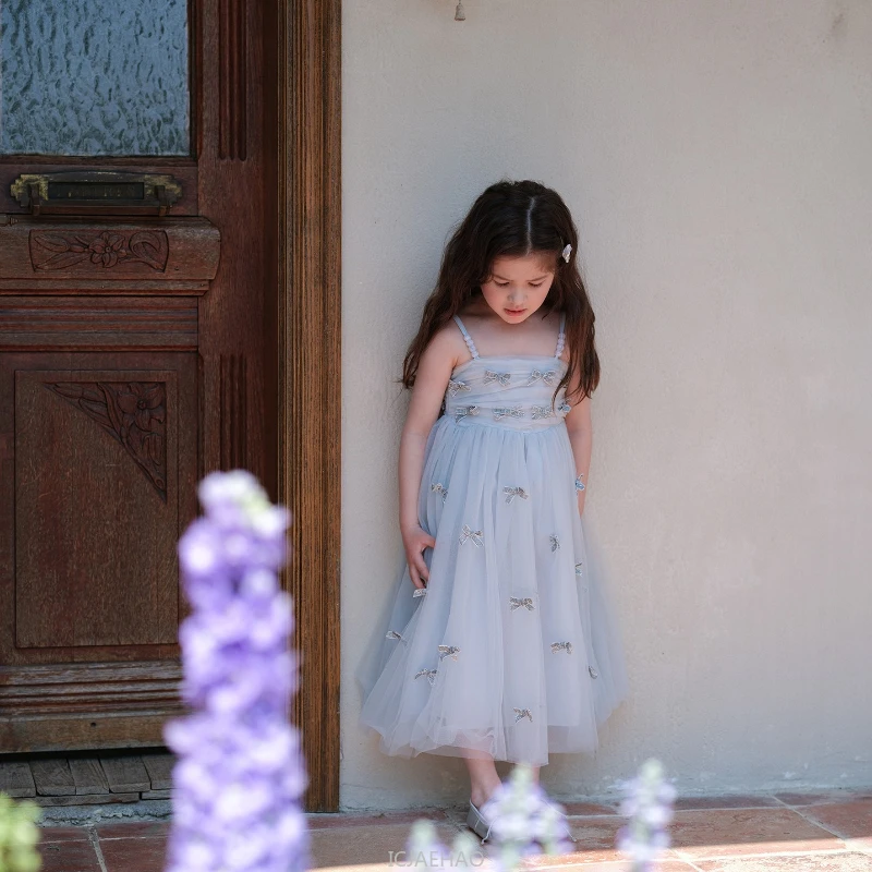 Party Dress Cute Girls Strapless Princess New Bow French Style Tulle Gown Kids Outfit Elegant Flower Girl Formal Costume Summer