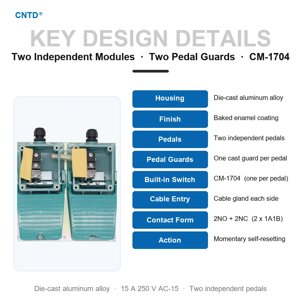 CNTD CFS-702 Heavy Duty Aluminum Alloy Foot Switch with Two Protective Pedal Guards 15A 250 VAC 2NO 2NC Dual Momentary CE CCC