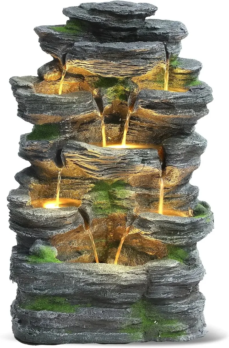 ^Outdoor 7-Tiers Cascading Rock Water Fountain, Waterfall Fountain with 6 LED Lights, Outdoor Fountains and Waterfalls