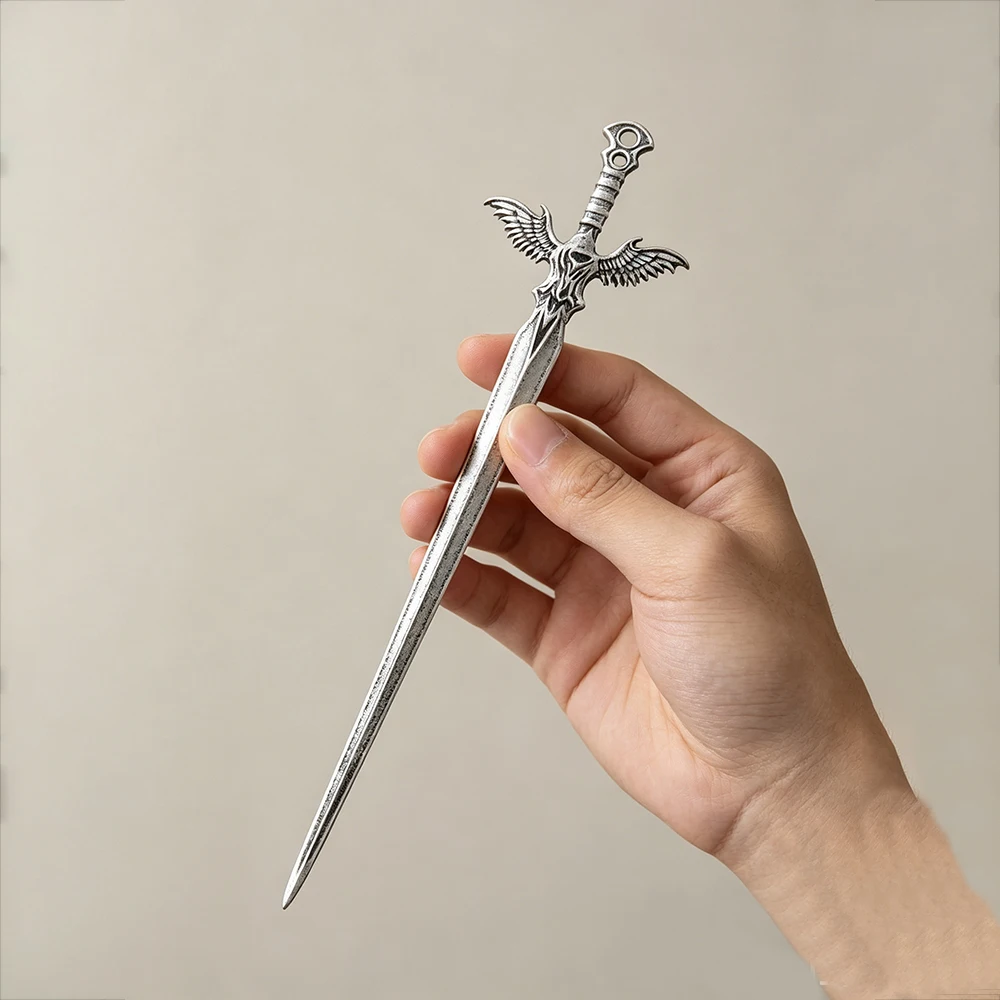 1pc Vintage Silver Winged Sword Hair Stick Gothic Skull Sword Hairpin Medieval Dark Knight Cosplay Halloween Hair Accessories