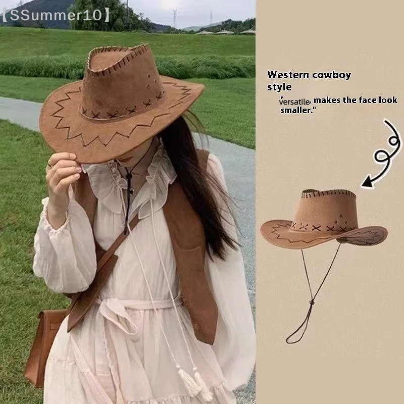 【SSummer10】Women Men Cowboy Hat Western Suede Cowgirl Hats Fashion West Fancy Dress Party Headwear Unisex Cap Accessories【SS】