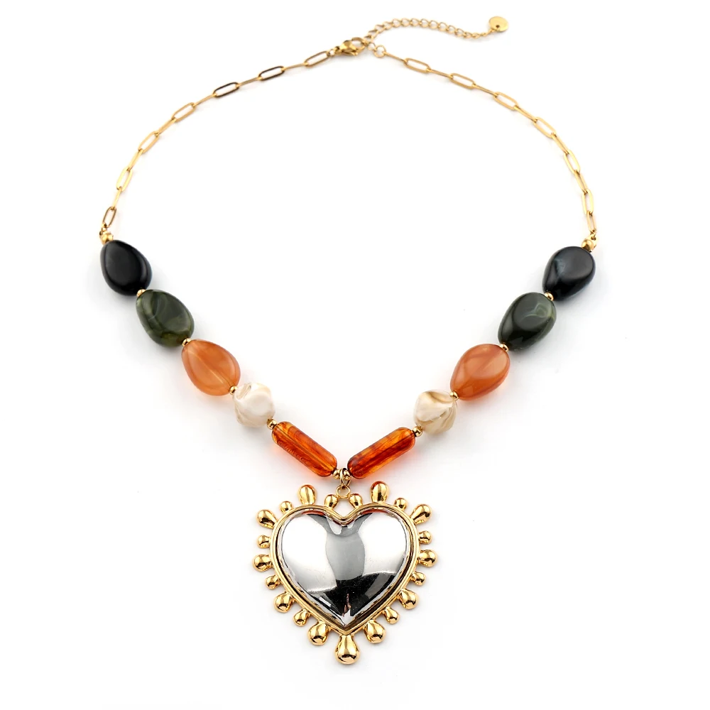 

Bohemian Colorful Stone Beads Sunburst Heart Choker Necklace For Women Girl Stainless Steel Vinatge Chain Aesthetic Jewelry