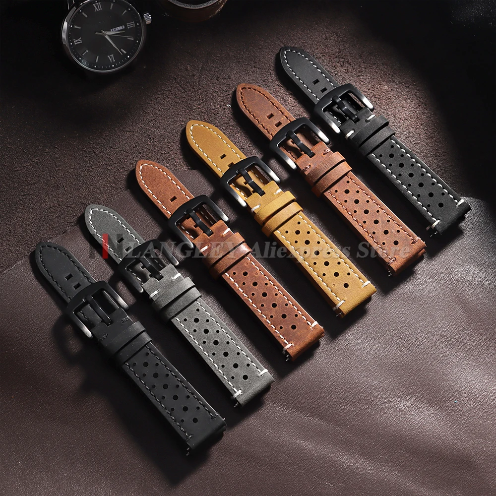 Quick Release Vintage Racing Leather Watch Straps for Seiko for Rolex 18mm 19mm 20mm 21mm 22mm 24mm Breathable Porous Watchbands