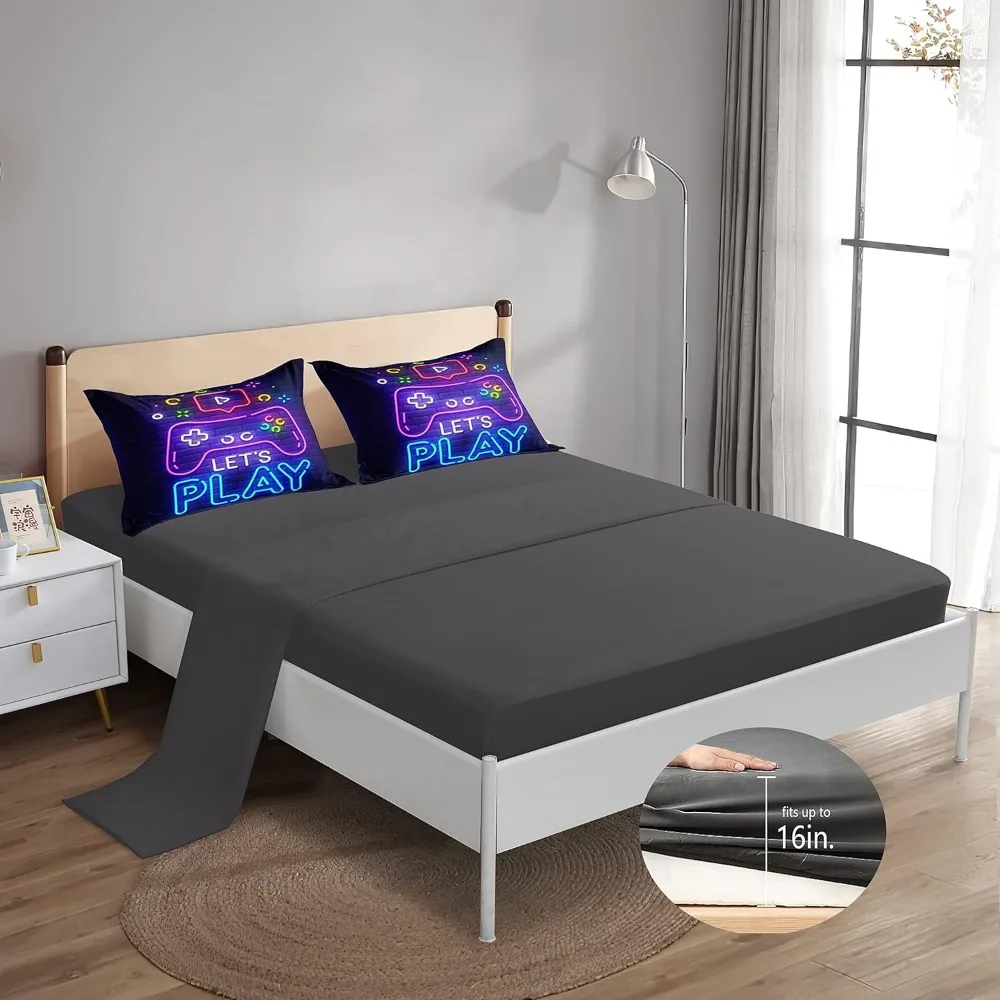 طقم سرير ألعاب من ROWADALO مكون من 6 قطع للأولاد لحاف ألعاب بحجم كوين، لحاف وحدة التحكم في الألعاب للوحة ألعاب ثلاثية الأبعاد من الألياف الدقيقة