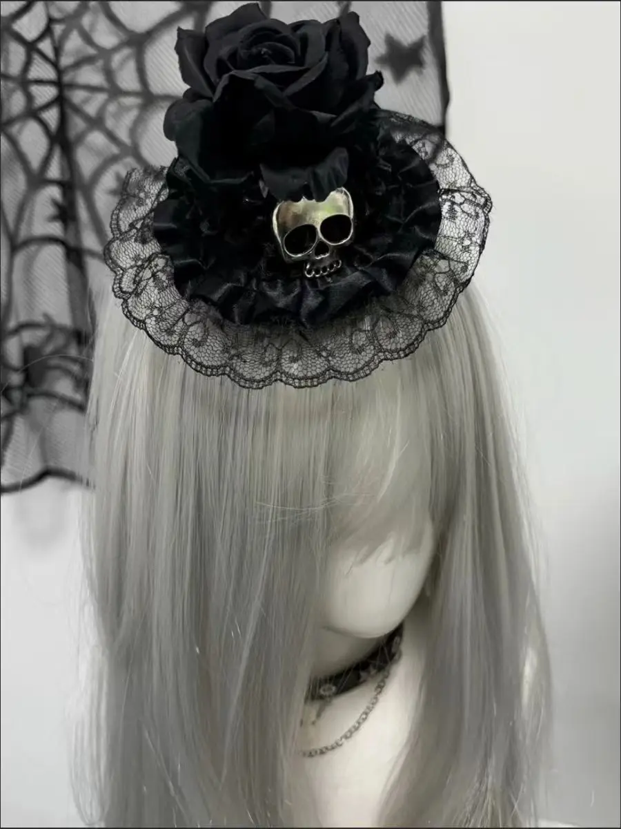 Subculture Y2k Girls Lace Headwear Gothic Skeleton Small Hat Hair Accessories Black Rose Lace Hairpin