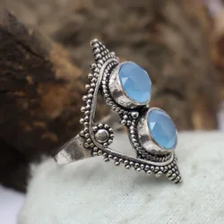 Delicate Round Geometry Hollow Silver Color Rings for Women Fashion Metal Inlaid Blue Stones Ring Jewelry