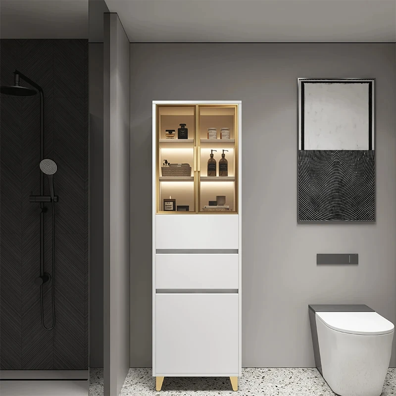 

Bathroom Side Cabinet Waterproof Solid Wood Living Room Tall Narrow Multi-layer Storage Rack Floor Locker