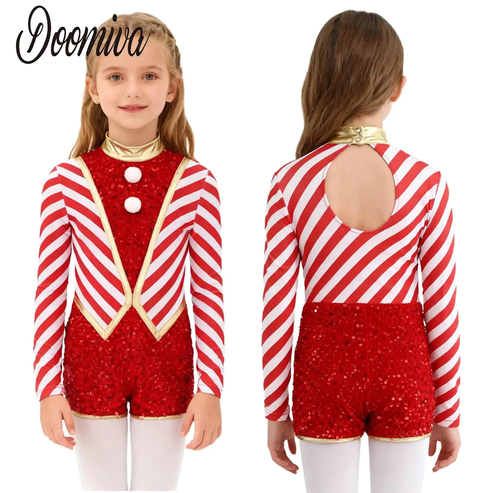 

Girls Christmas Costumes Stripes Candy Cane Leotards Dance Bodysuits Long Sleeve Sequins Pompoms Jumpsuit Xmas Party Dancewear