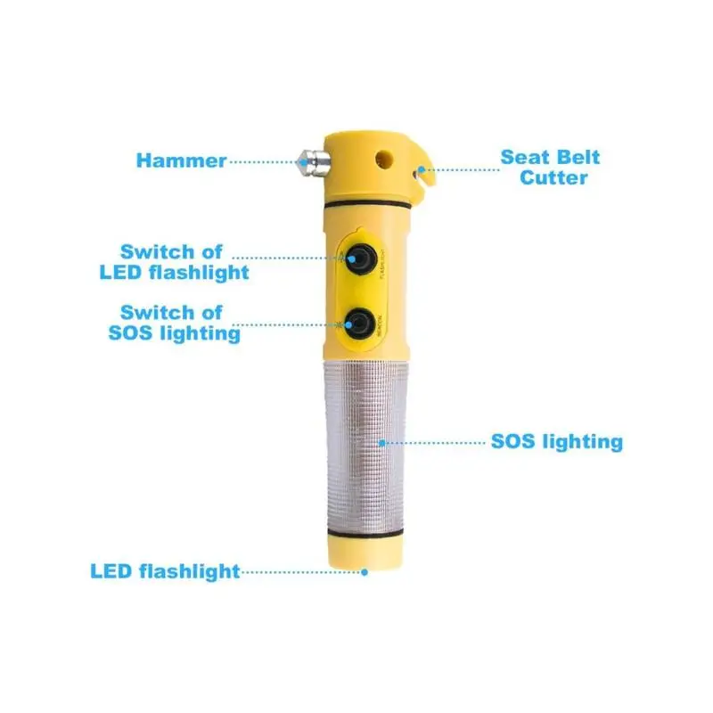 Yellow Multi-Function Car Safety Hammer with Flashlight - Emergency Tool for Auto Escape and Night Use
