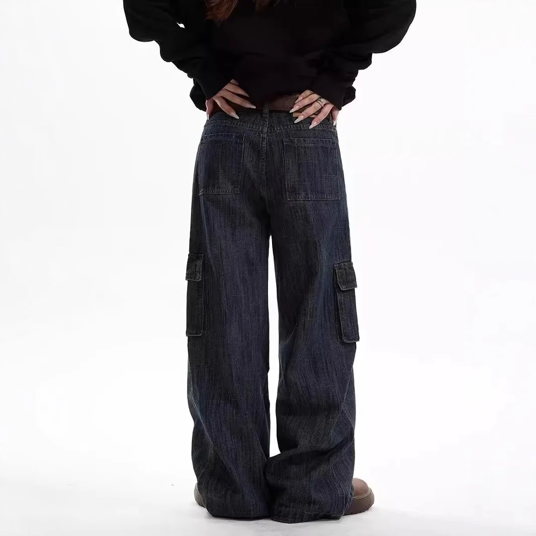 Jeans fiammato vintage a righe scure Pantaloni larghi cargo multitasche a gamba dritta da uomo