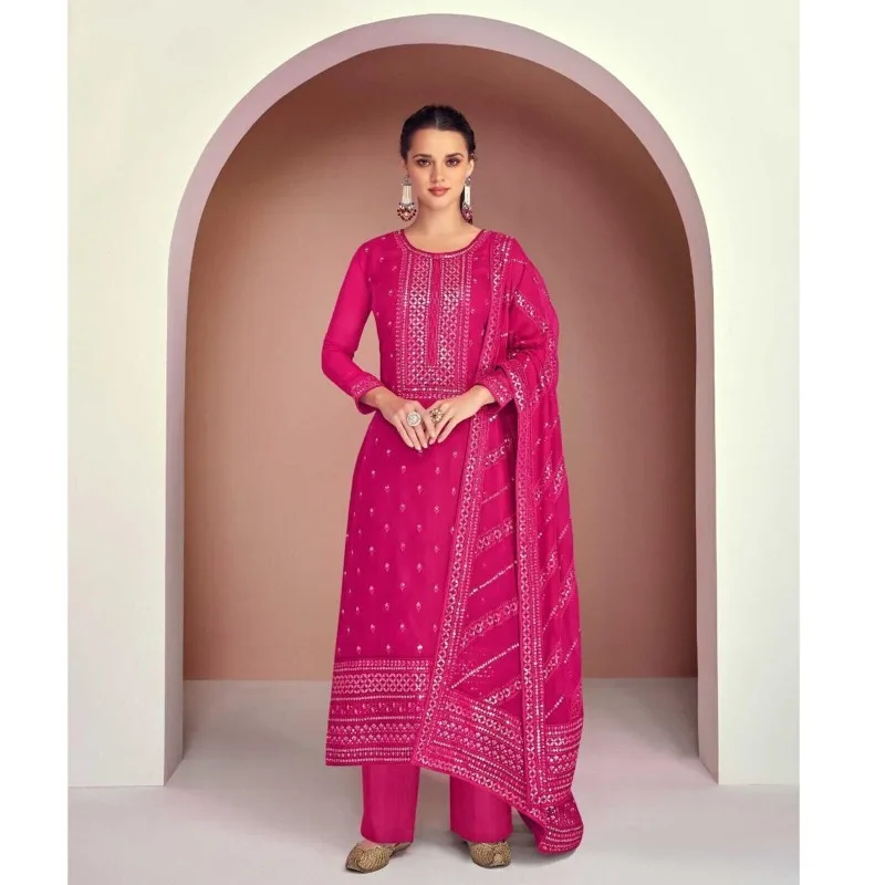 

Magenta Pink Color Salwar Kameez Suit Wedding Party Wear Heavy Plazzo Pant Dress