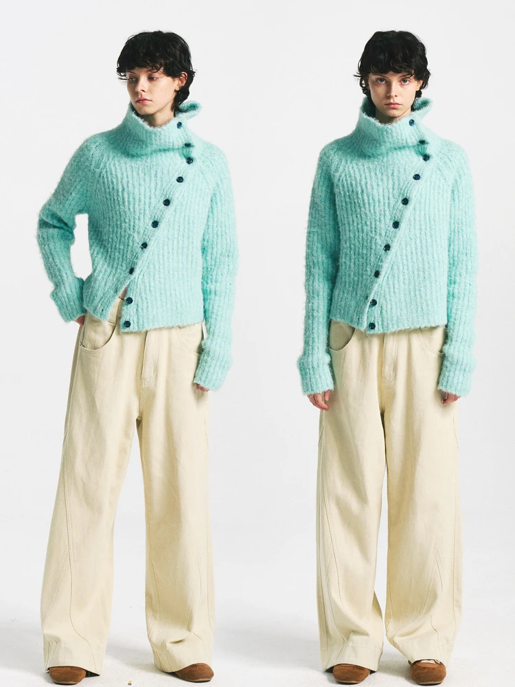 

Светло-голубой вязаный свитер с высоким воротником на пуговицах, из смесовой шерсти, цвета озерной воды, женский, повседневный, свободного кроя, с длинными рукавами, осенний