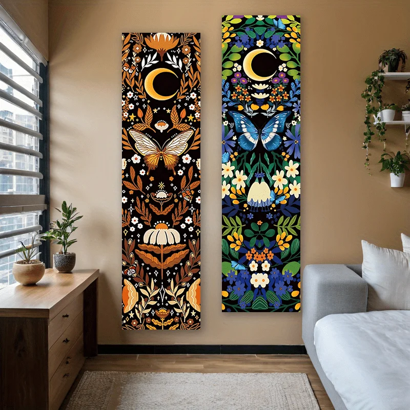 1 Stück Vertikales Banner mit Motten und Mond, Wandteppich mit Schmetterlingen, Blumen, Pflanzen und Blättern, Langes, Schmales Wandbehang-Kunstwerk, Ästhetische Dekoration, 150x40 cm