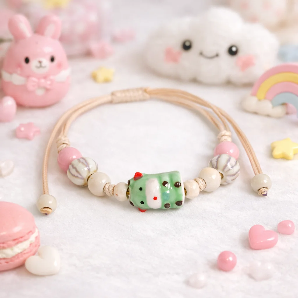 Cute Green Cow Ceramic Bracelet Handmade Wax Cord Adjustable Porcelain Animal Bead Bracelet Boho Vintage Jewelry Gift for Women