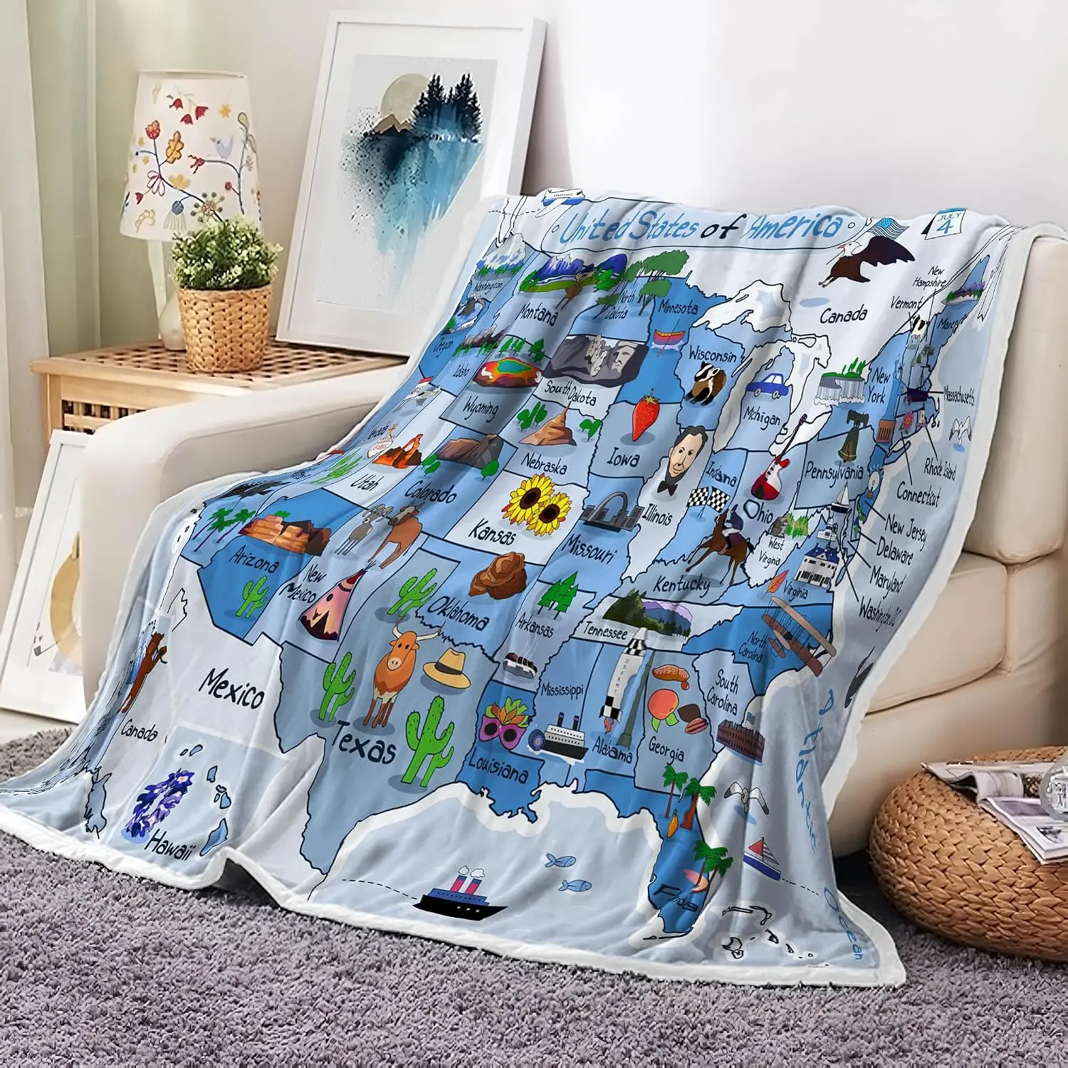 Light Blue Cartoon USA State Map Landmark Icon Flannel Throw Blanket Soft Warm Cover for Sofa Bed Kids Educational Bedroom Decor