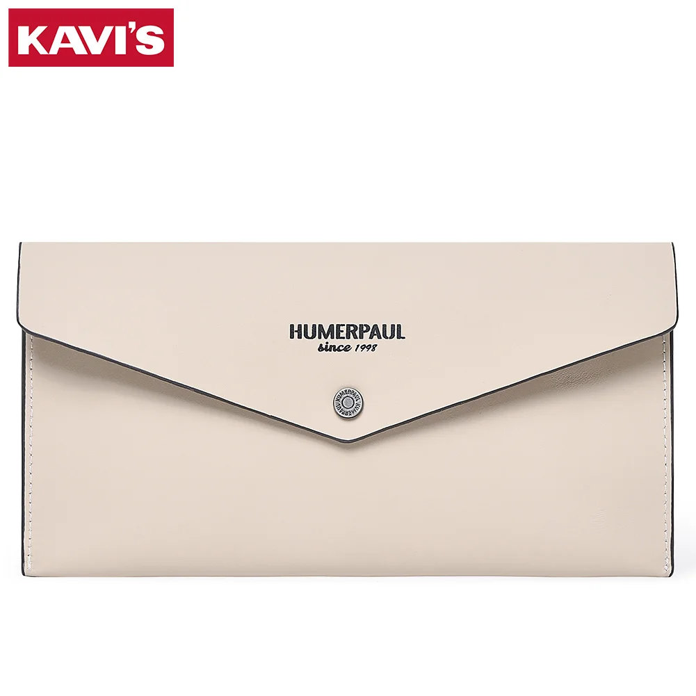 KAVIS Women's long wallet solid color first layer cowhide made of large-capacity slim multi-card credit card bag coin bag