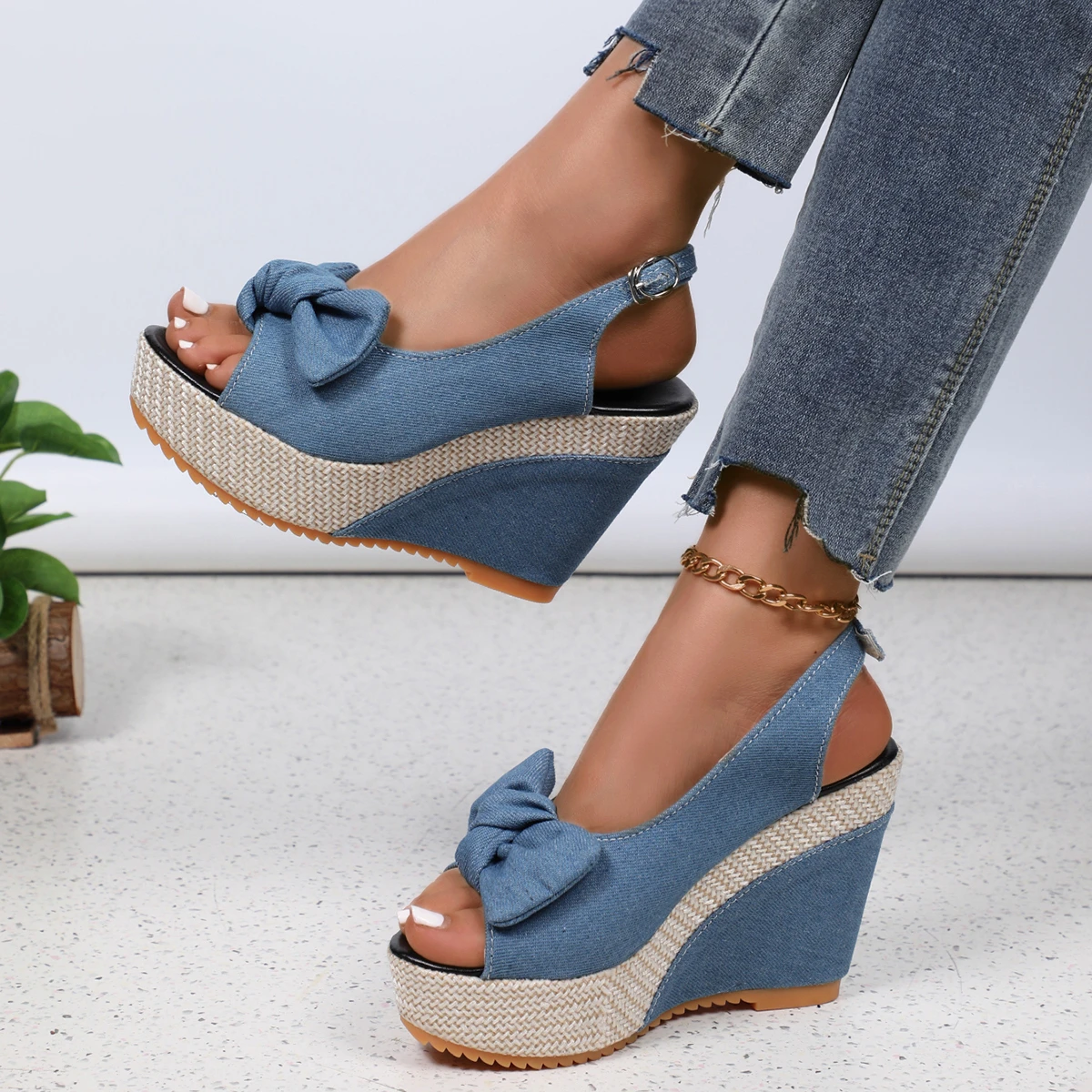 Women\'s Ankle Strap Peep Toe Platform Denim Wedge Sandals Zapatos De Mujer Wedges Sandal Thick Sole Sandalias High Heel Sandals