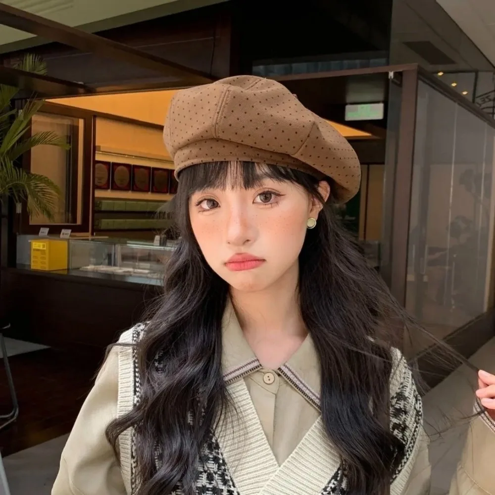 

Cool Cotton Polka Dot Beret Hat Korean Style Keep Warm Women Painter Hat Versatile Cloud Hat Women Octagonal Cap Girl